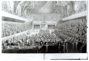 Een Zicht op het Proces van Warren Hastings (1732-1818) voor het Hof van Peers in Westminster Hall. Aanklacht ingediend bij de Balie van het Hogerhuis door de Commons van Groot-Brittannië, in het Parlement door English School